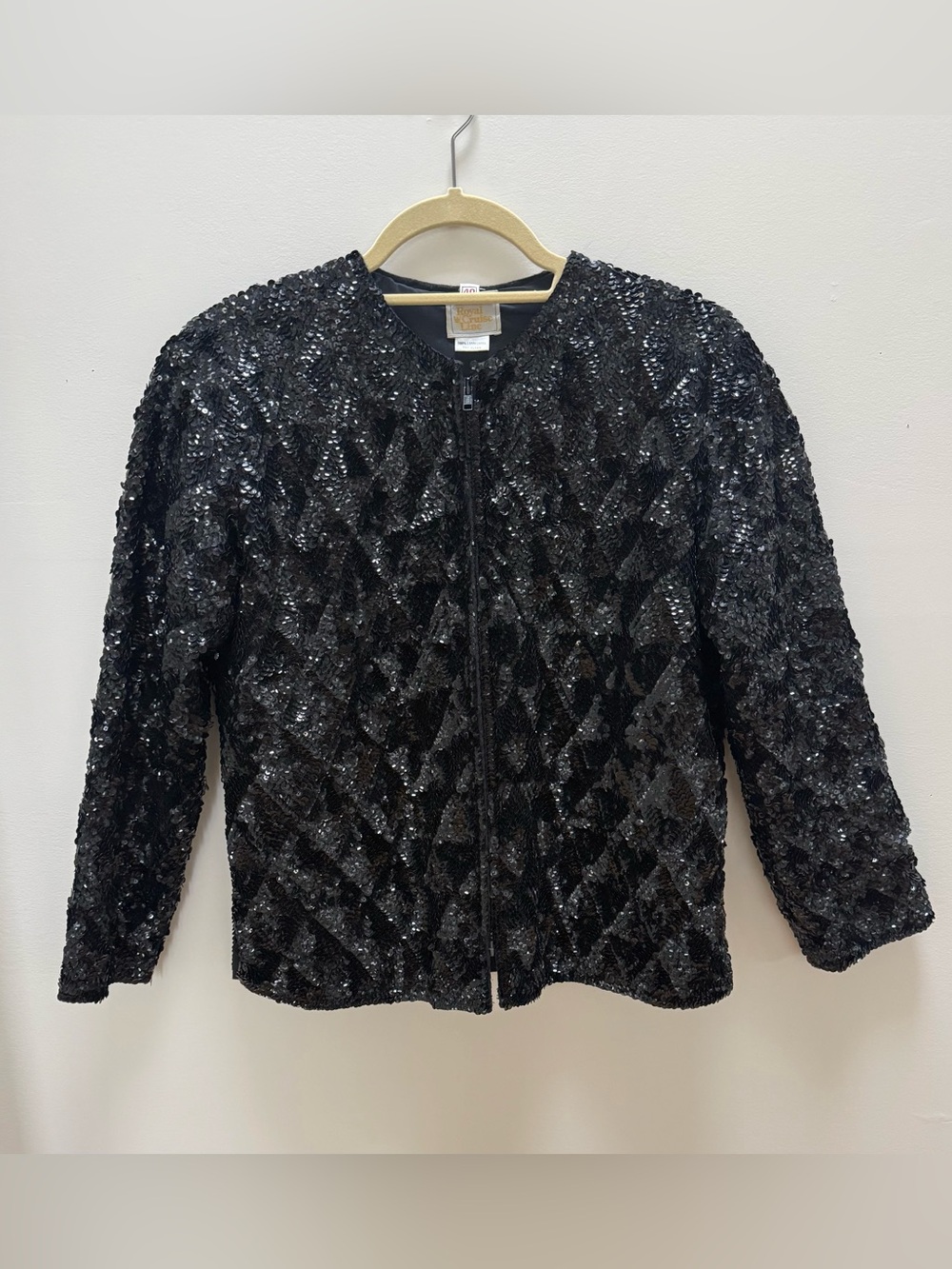 1980's Black Lambswool Sequined Jacket Zipper Closure Royal Cruise Line Size 40